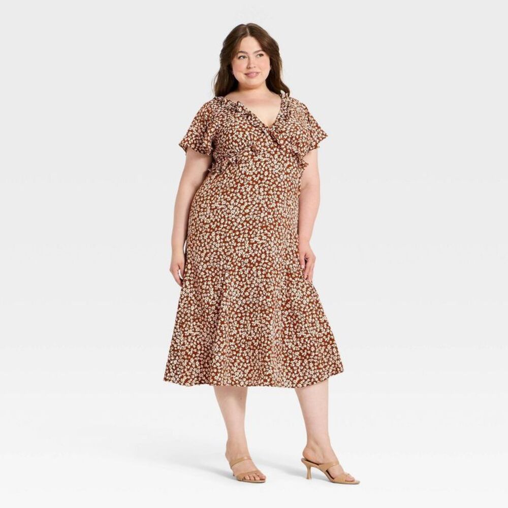 Women's Short Flutter Sleeve V-Neck Midi Dress - A New Day Brown 1X